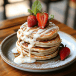 Finished cinnamon roll pancakes recipe presentation