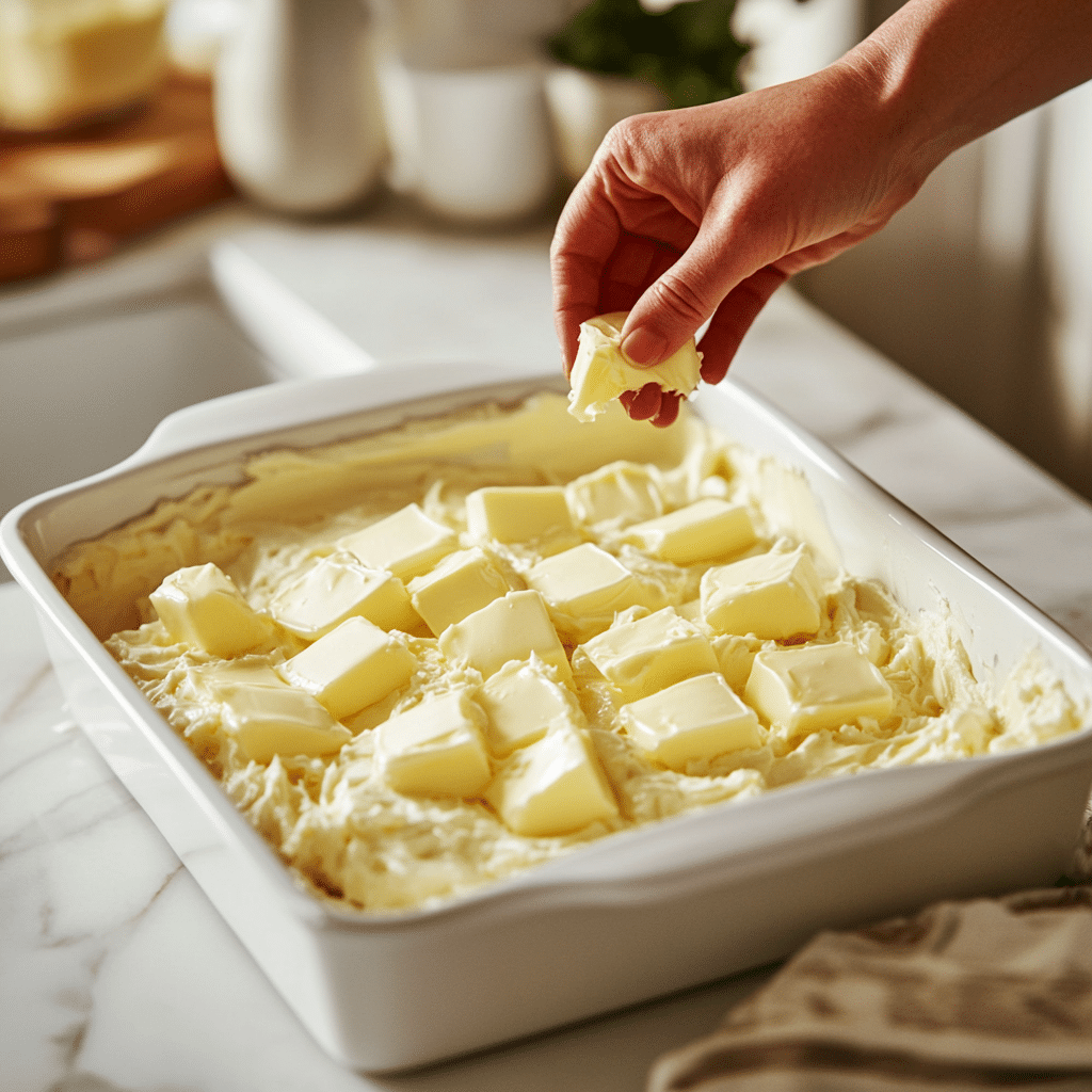 Adding butter to berry dump cake before baking