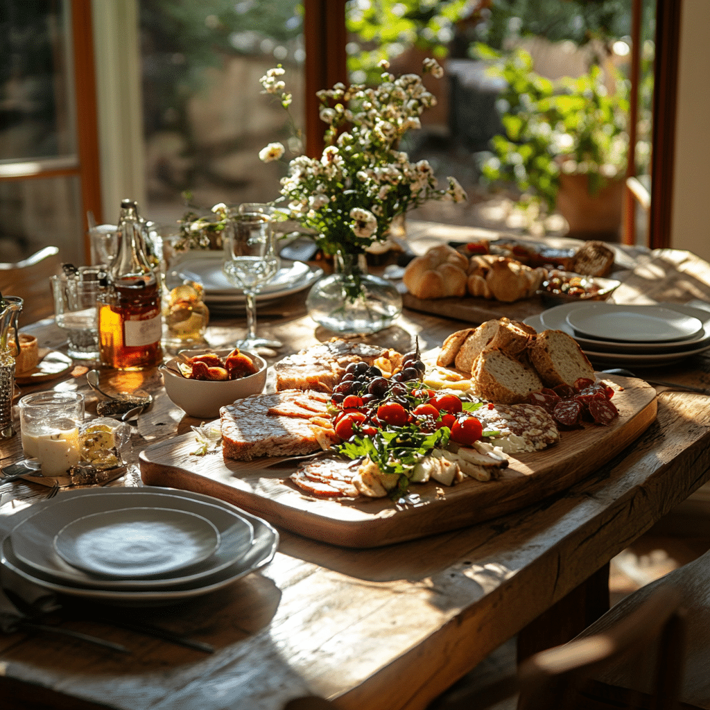 Family enjoying completed breakfast board