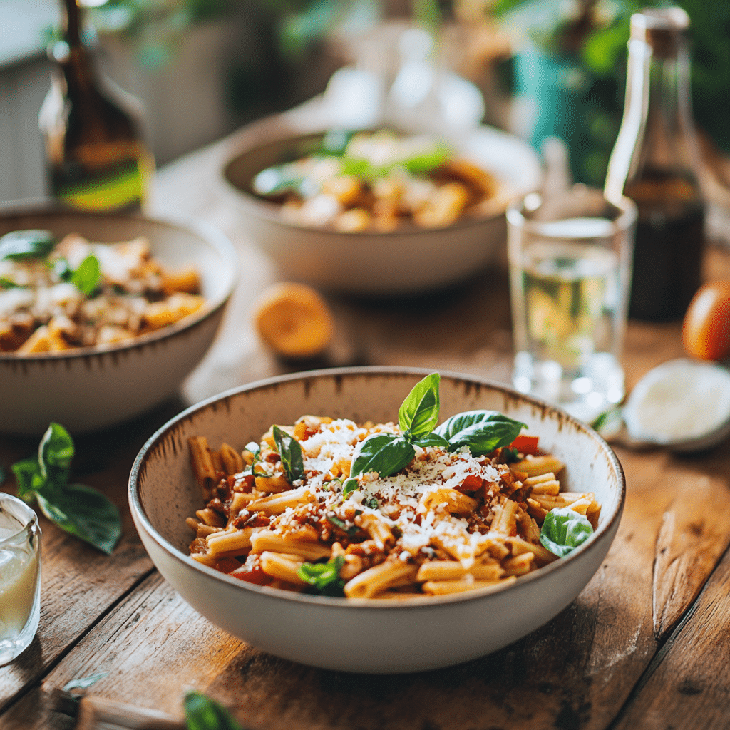 One pot pasta recipe served in bowls for dinner