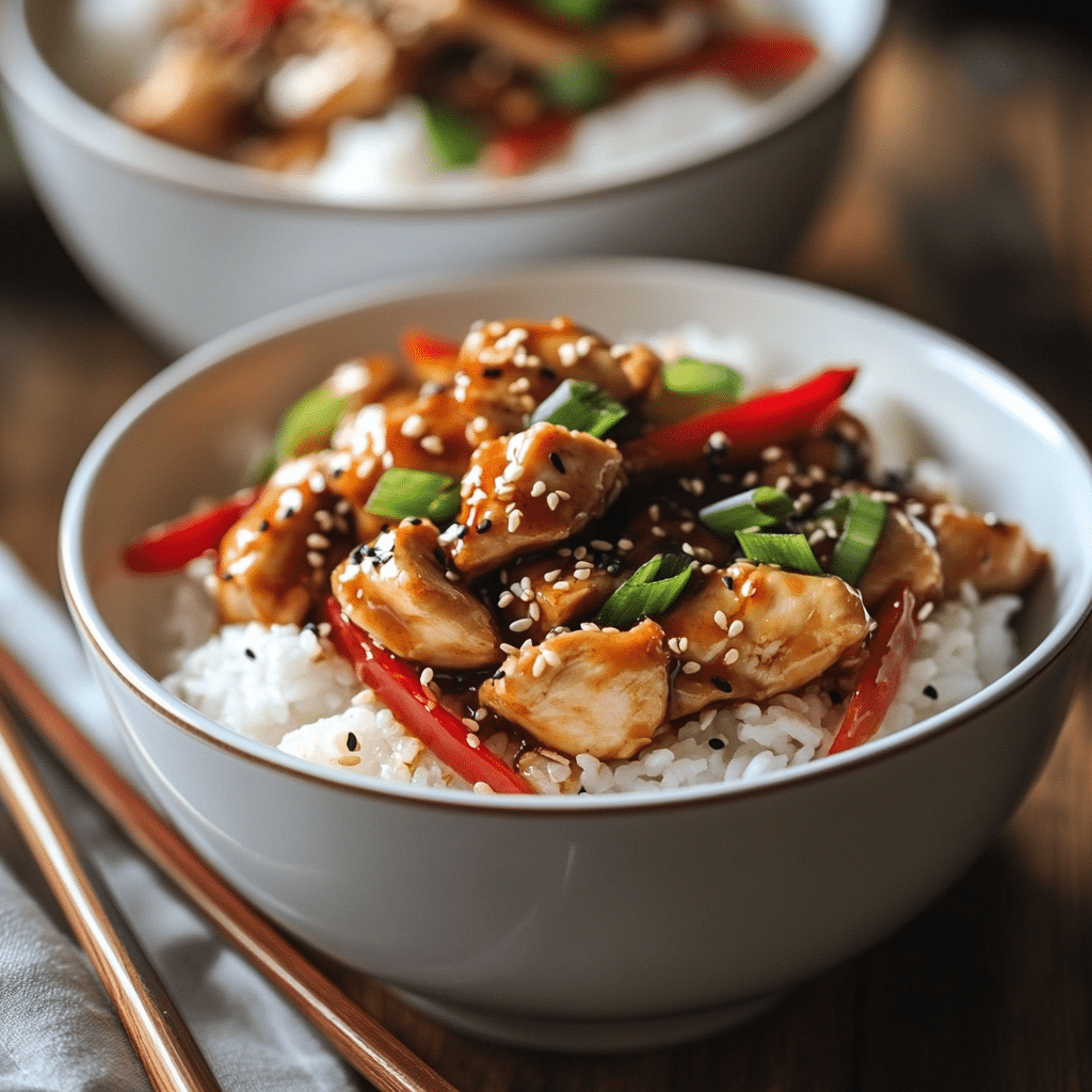 Chicken stir fry recipe served over rice for dinner