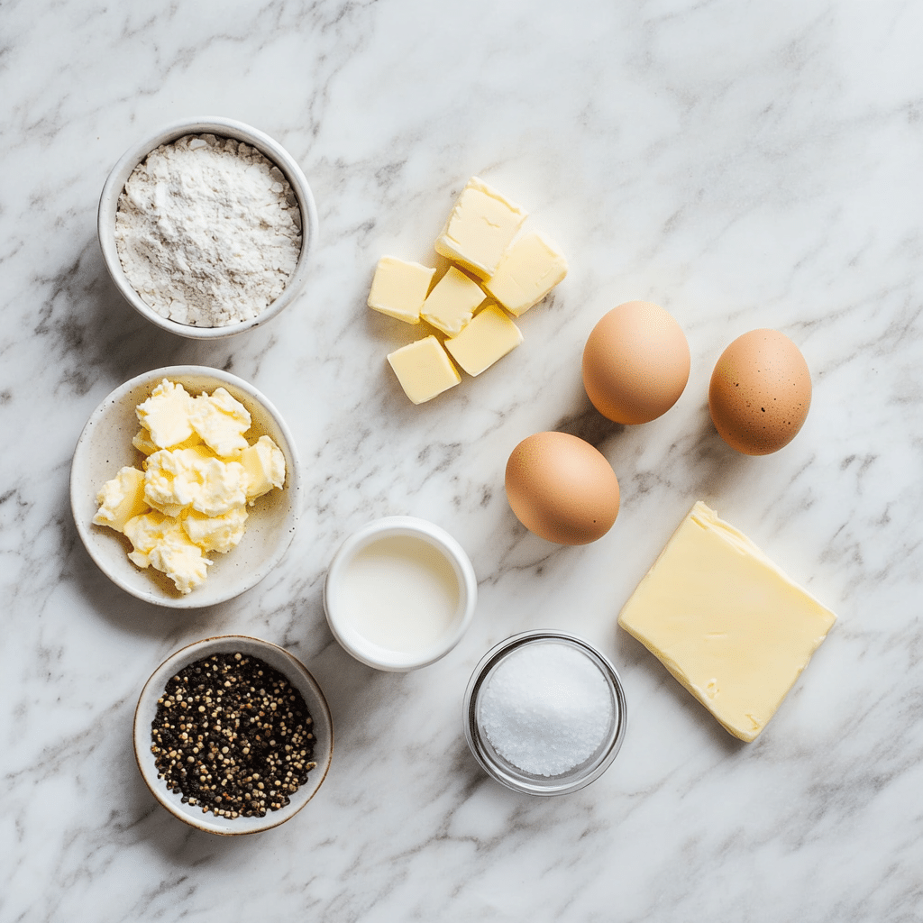 Quick scrambled eggs recipe ingredients on counter