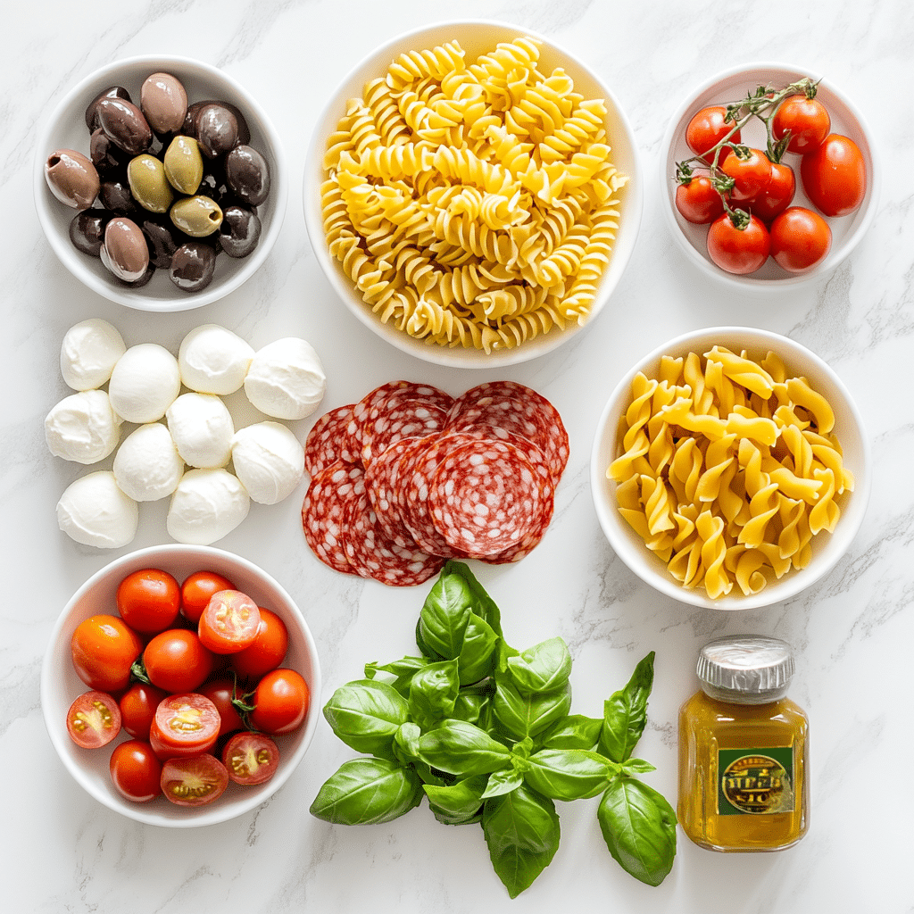 Italian pasta salad ingredients for quick lunch recipe