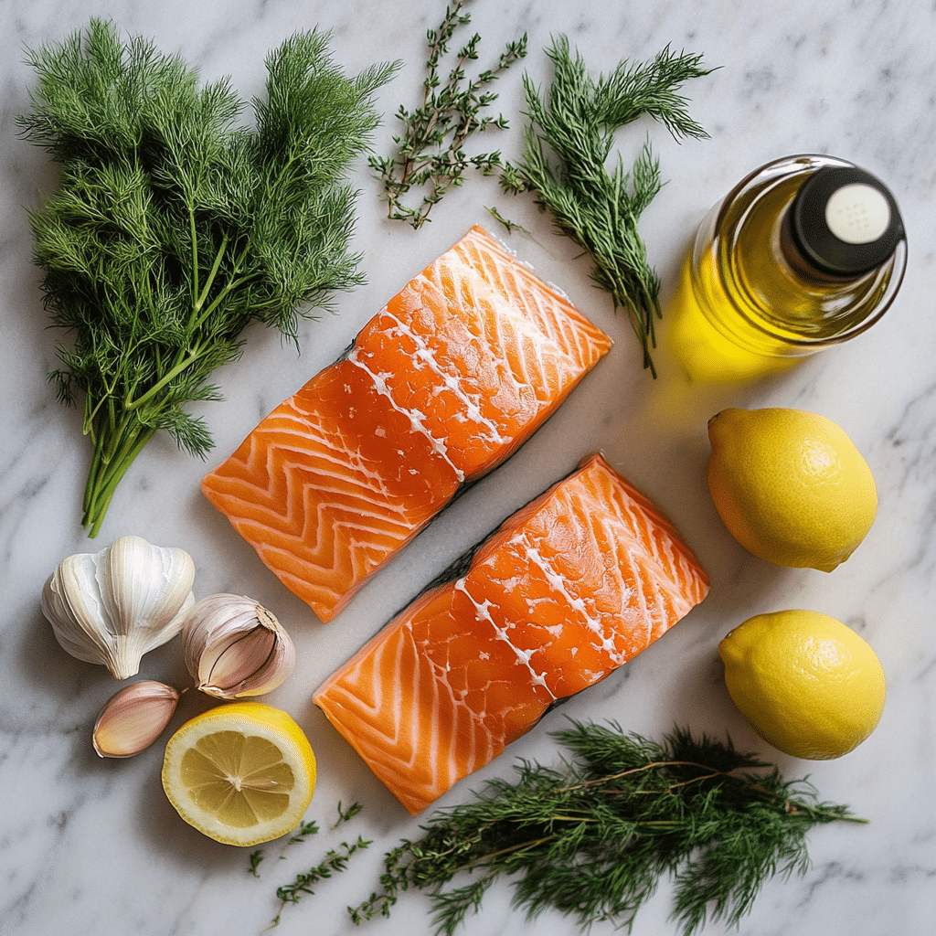 Baked salmon recipe ingredients arranged on counter