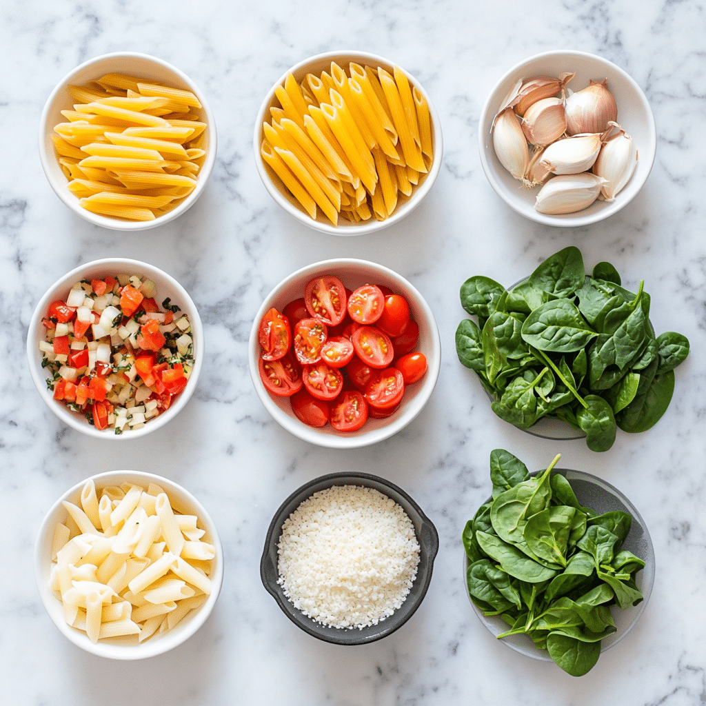 One pot pasta recipe ingredients arranged on counter