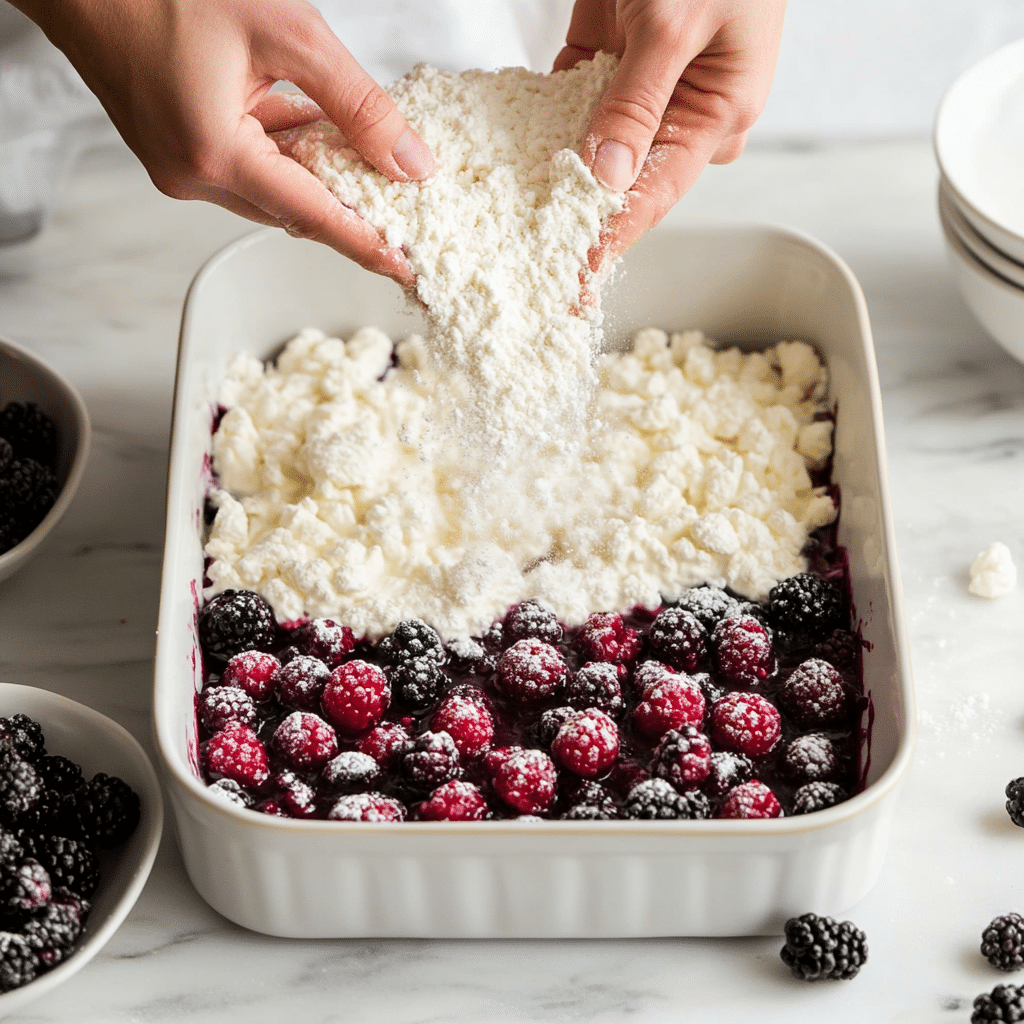 Assembling berry dump cake layers