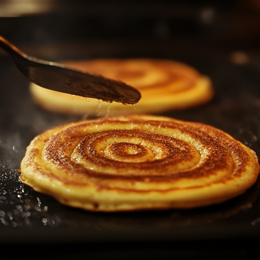 Cooking cinnamon roll pancakes on griddle