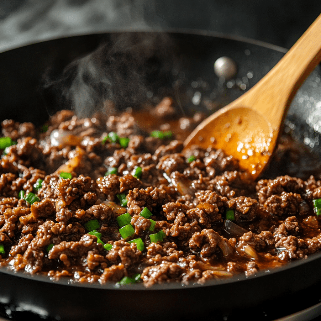 Cooking seasoned beef for Korean rice bowl recipe