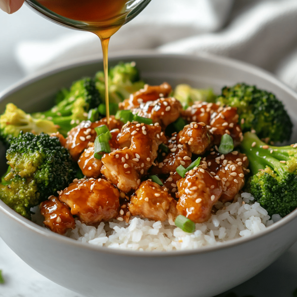 Assembling honey sesame chicken bowl for meal prep