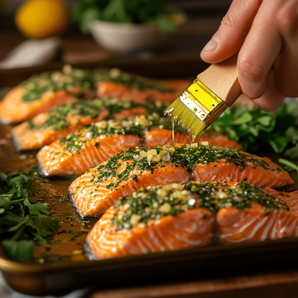 Preparing baked salmon recipe with herb mixture