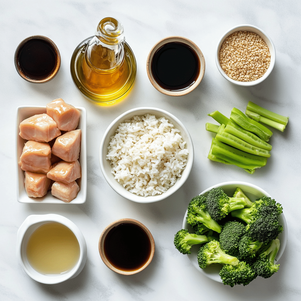 Honey sesame chicken bowl ingredients ready for cooking