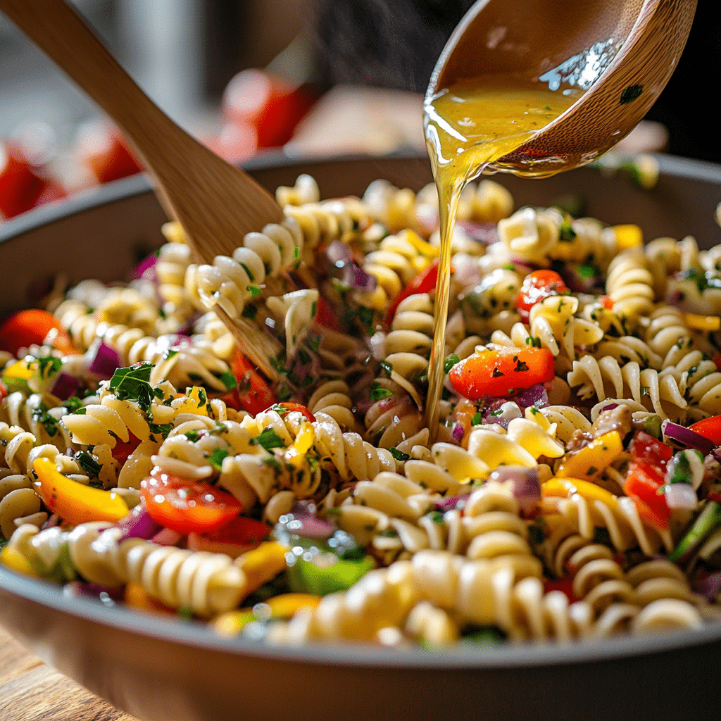Making quick lunch Italian pasta salad in bowl