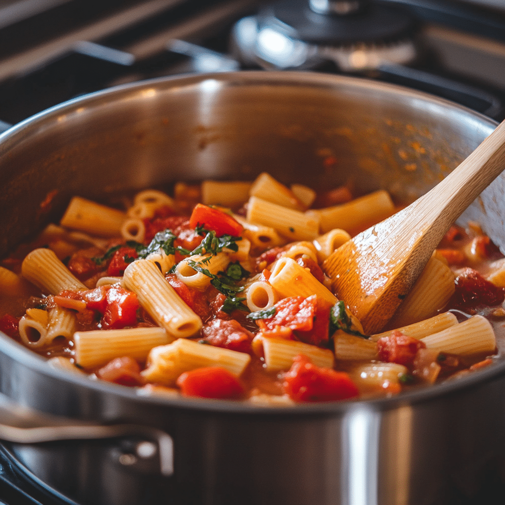 Cooking one pot pasta recipe on stovetop