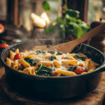 One pot pasta recipe in large cooking pot with vegetables