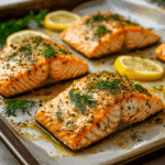 Baked salmon recipe on baking sheet with herbs and lemon