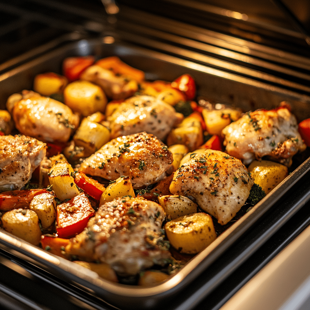 Sheet pan chicken recipe cooking in oven