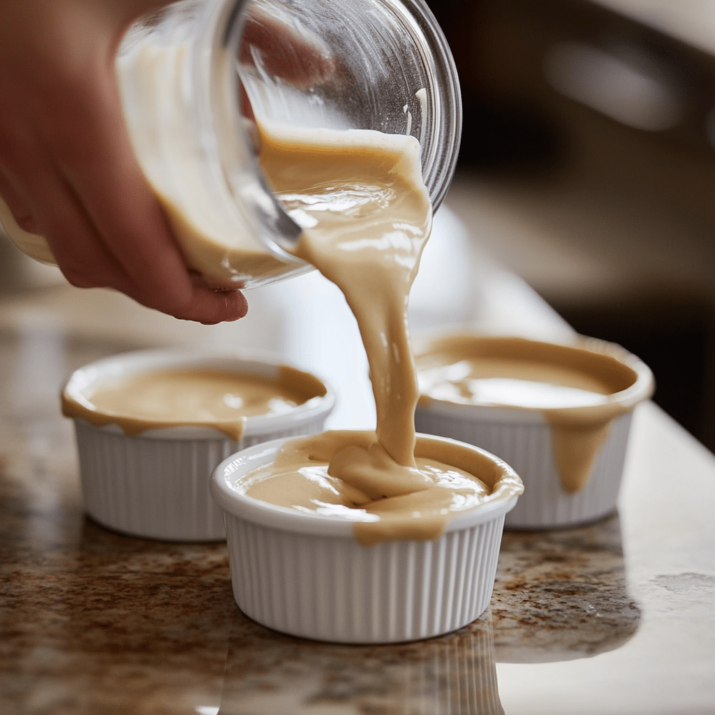 Pouring baked oats batter into ramekin