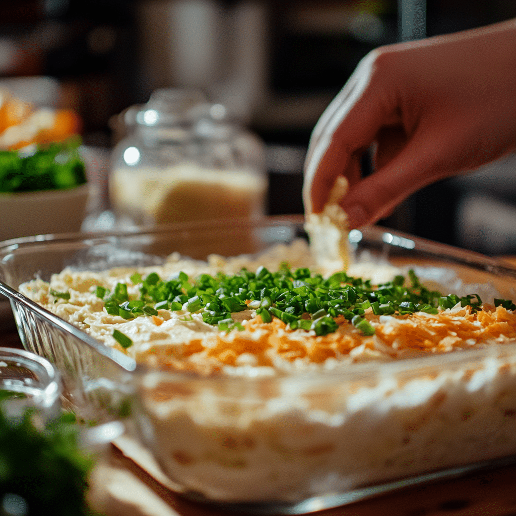 Assembling boat dip recipe layers in glass dish