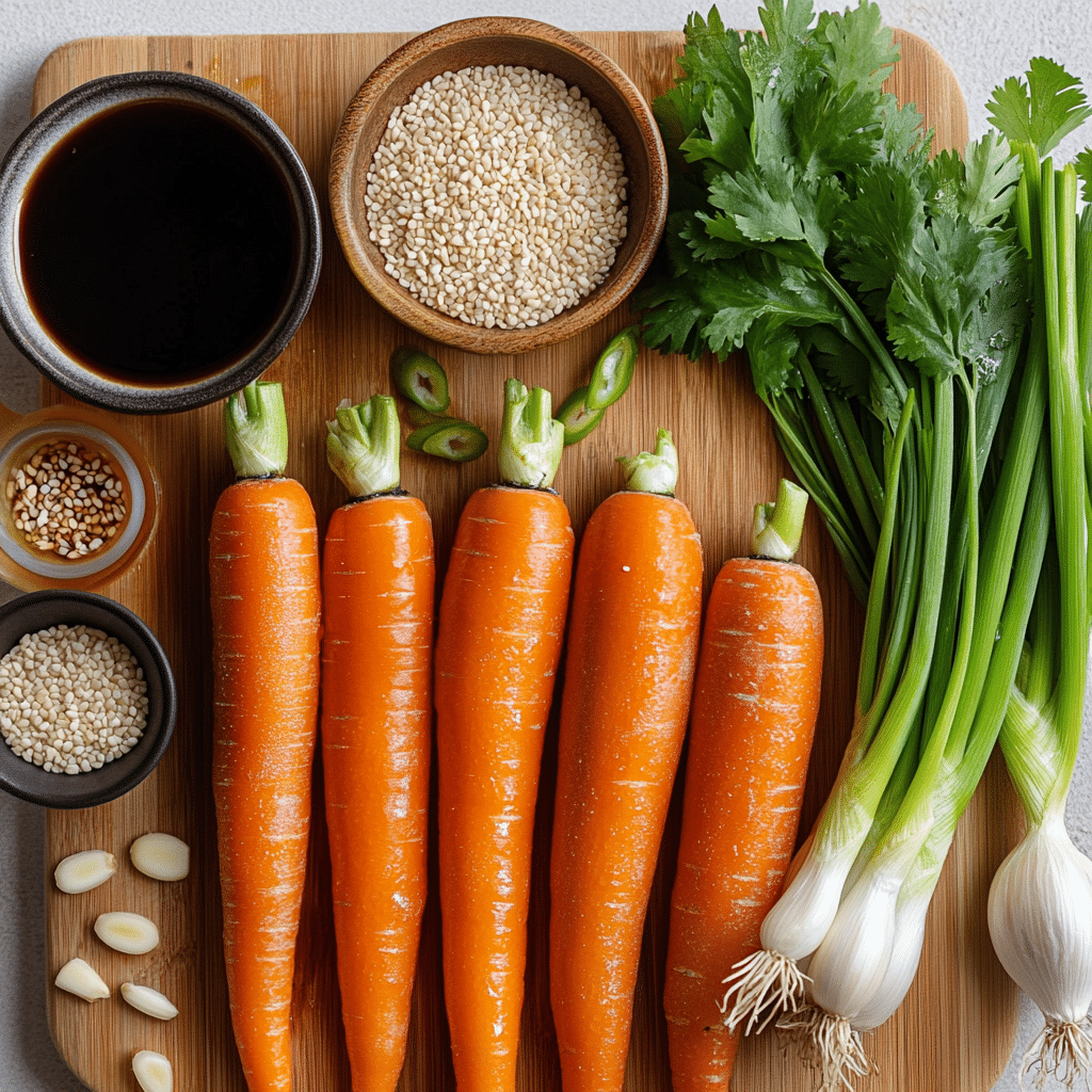 Carrot ribbon salad ingredients including carrots, soy sauce and fresh herbs