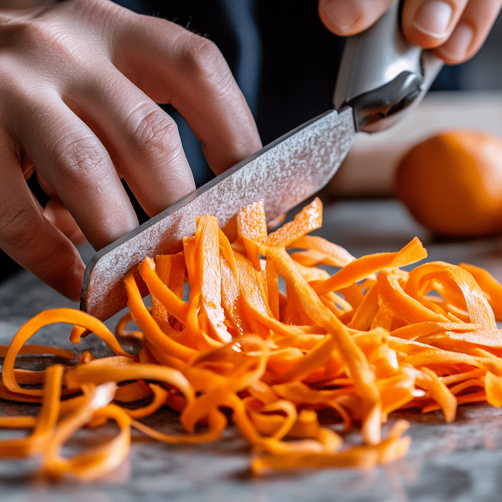 Creating carrot ribbons with vegetable peeler for ribbon carrot salad