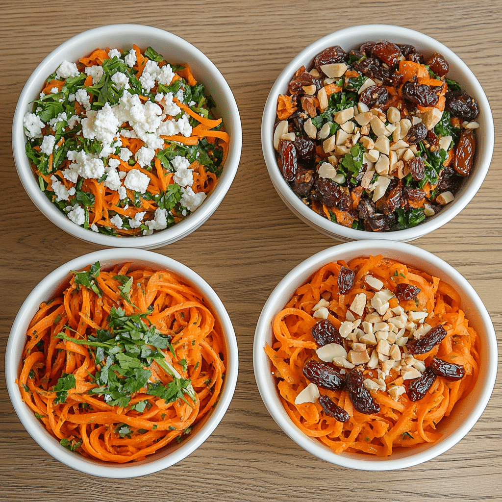 Four carrot ribbon salad variations with different flavor profiles