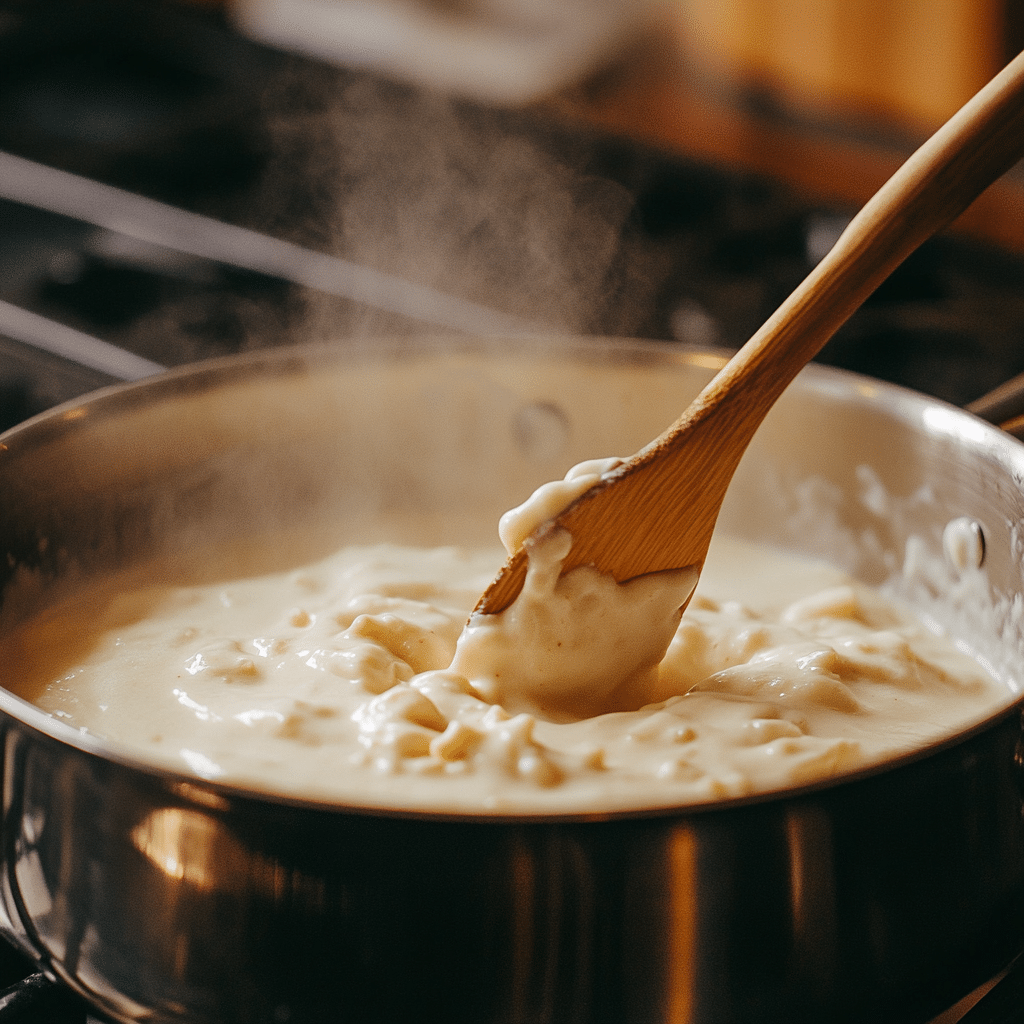 Heating cottage cheese alfredo sauce gently to perfect serving temperature