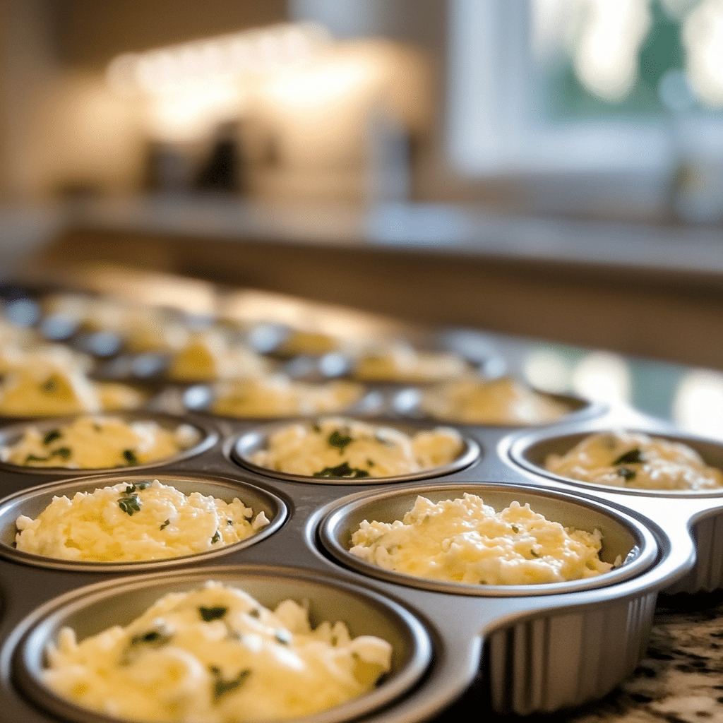 Cottage cheese egg bites mixture in muffin tin ready for baking