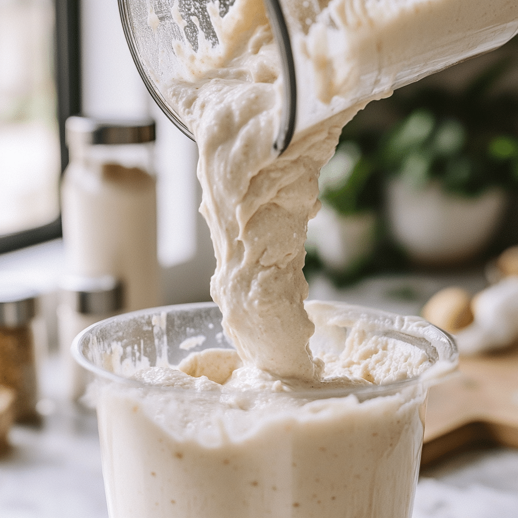 Blending cottage cheese pancakes batter until smooth and creamy