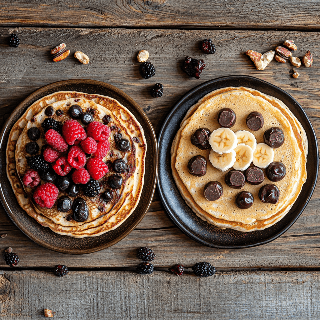 Three cottage cheese pancakes variations with chocolate chips, berries and nuts