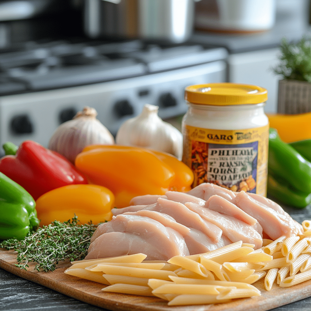 Jamaican rasta pasta recipe ingredients with jerk seasoning and colorful vegetables