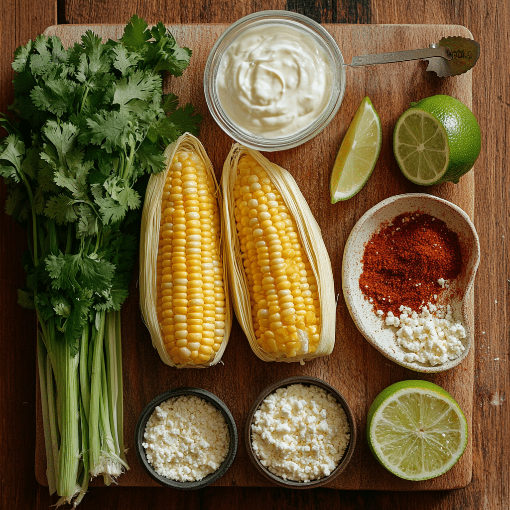 Mexican street corn recipe ingredients with fresh corn and authentic seasonings