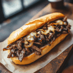 Finished philly cheesesteak recipe on wooden table with natural lighting