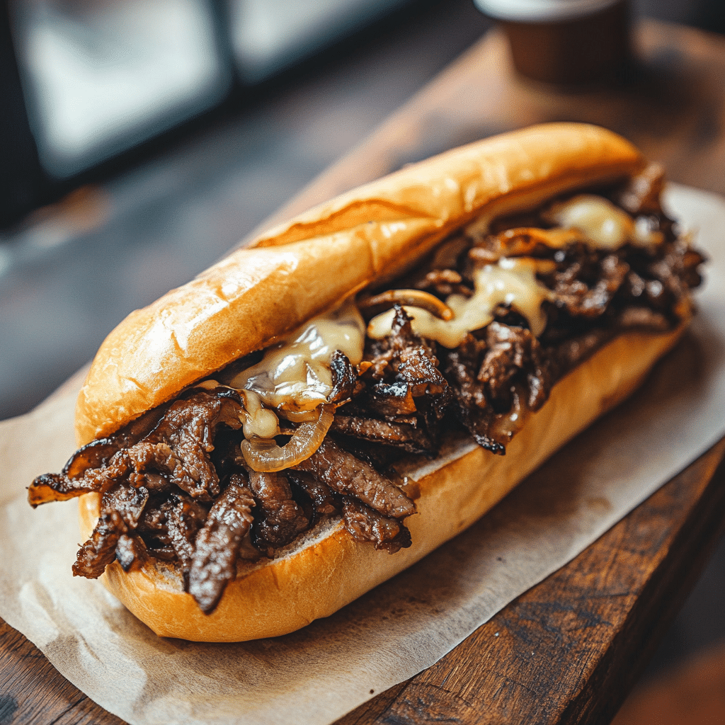 Finished philly cheesesteak recipe on wooden table with natural lighting