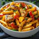 Rasta pasta recipe with jerk chicken, colorful peppers, and creamy sauce