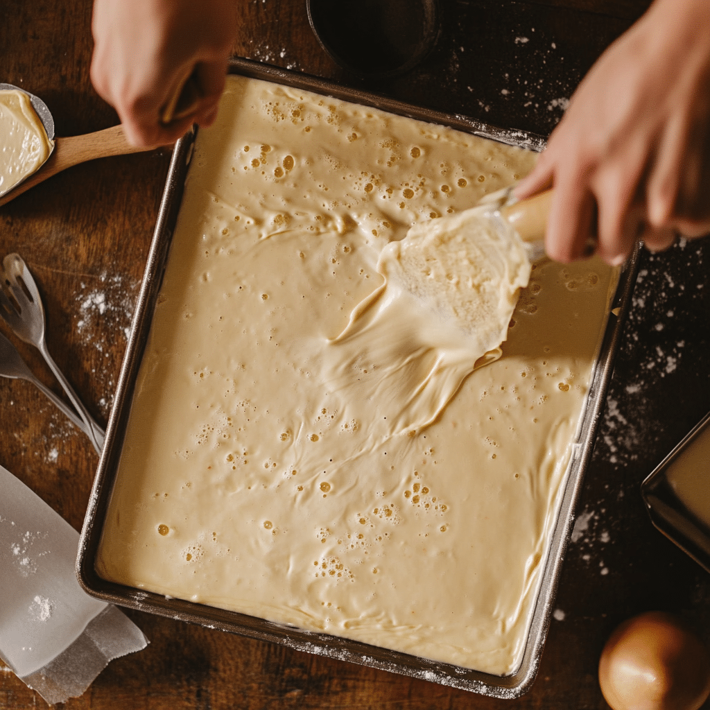 Pouring sheet pan pancake batter into prepared baking sheet