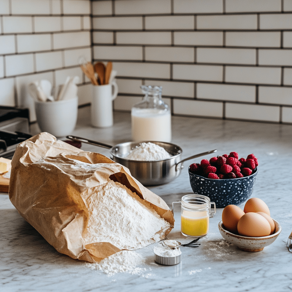 Sheet pan pancakes ingredients including flour, eggs, buttermilk and berries