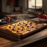 Perfect sheet pan pancakes recipe with chocolate chips and berries for family breakfast