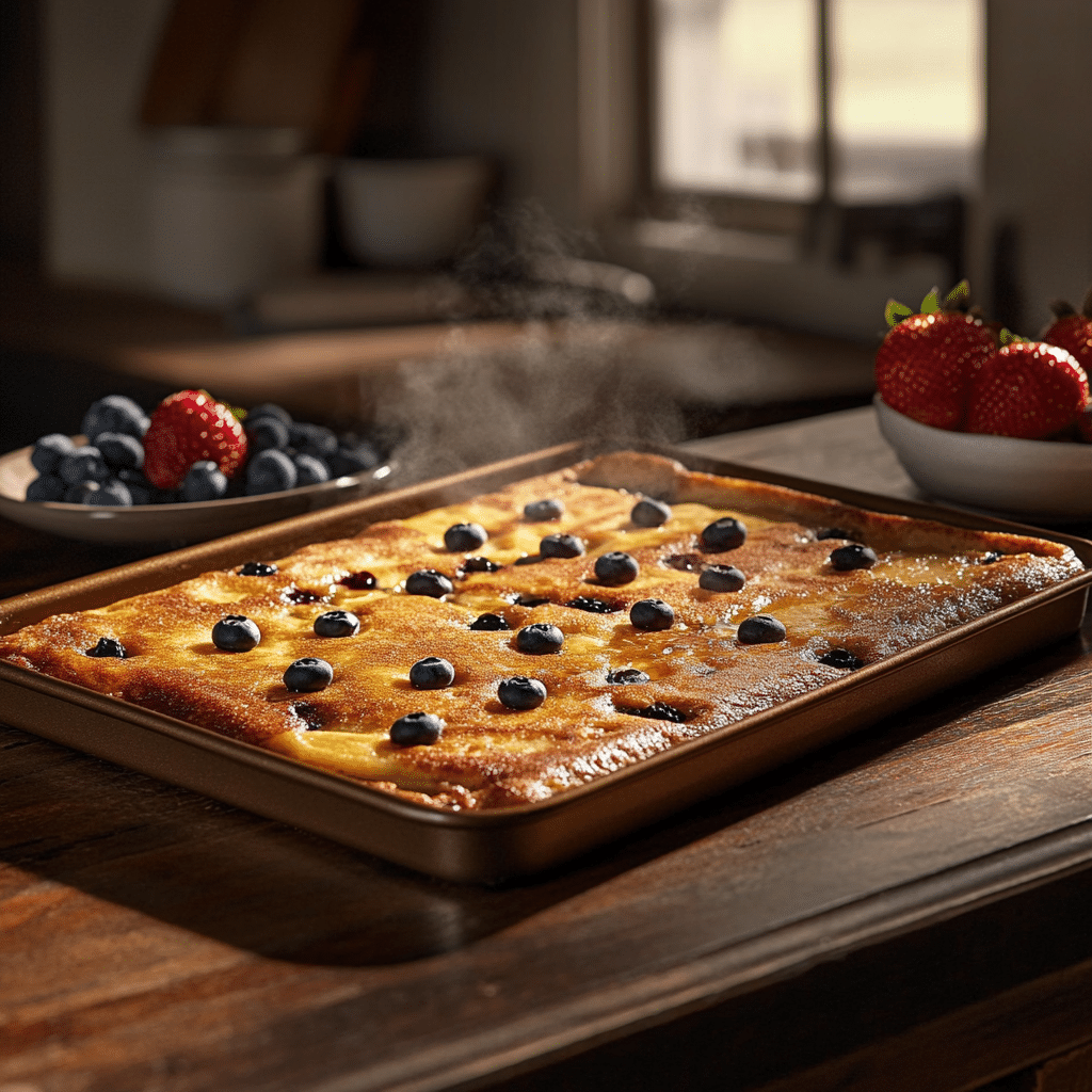 Perfect sheet pan pancakes recipe with chocolate chips and berries for family breakfast