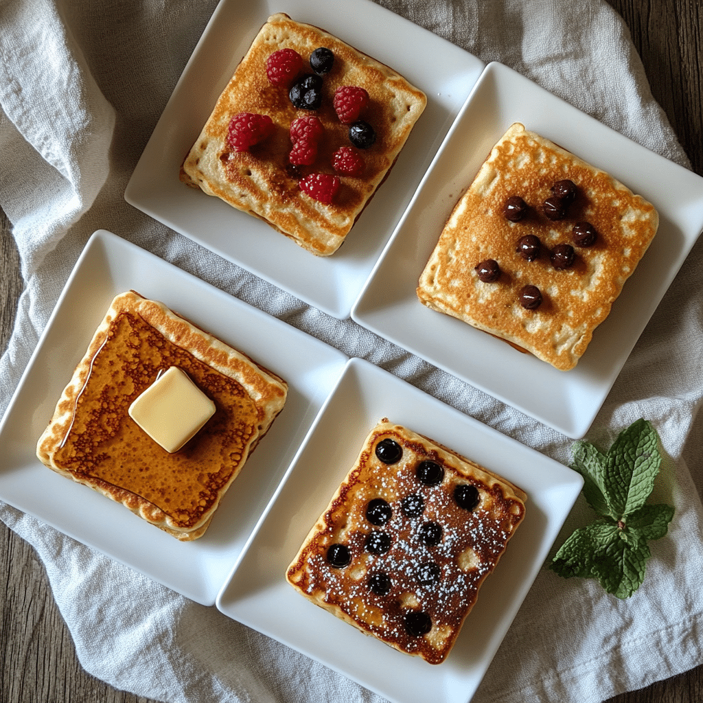 Sheet pan pancakes variations with different toppings for family breakfast