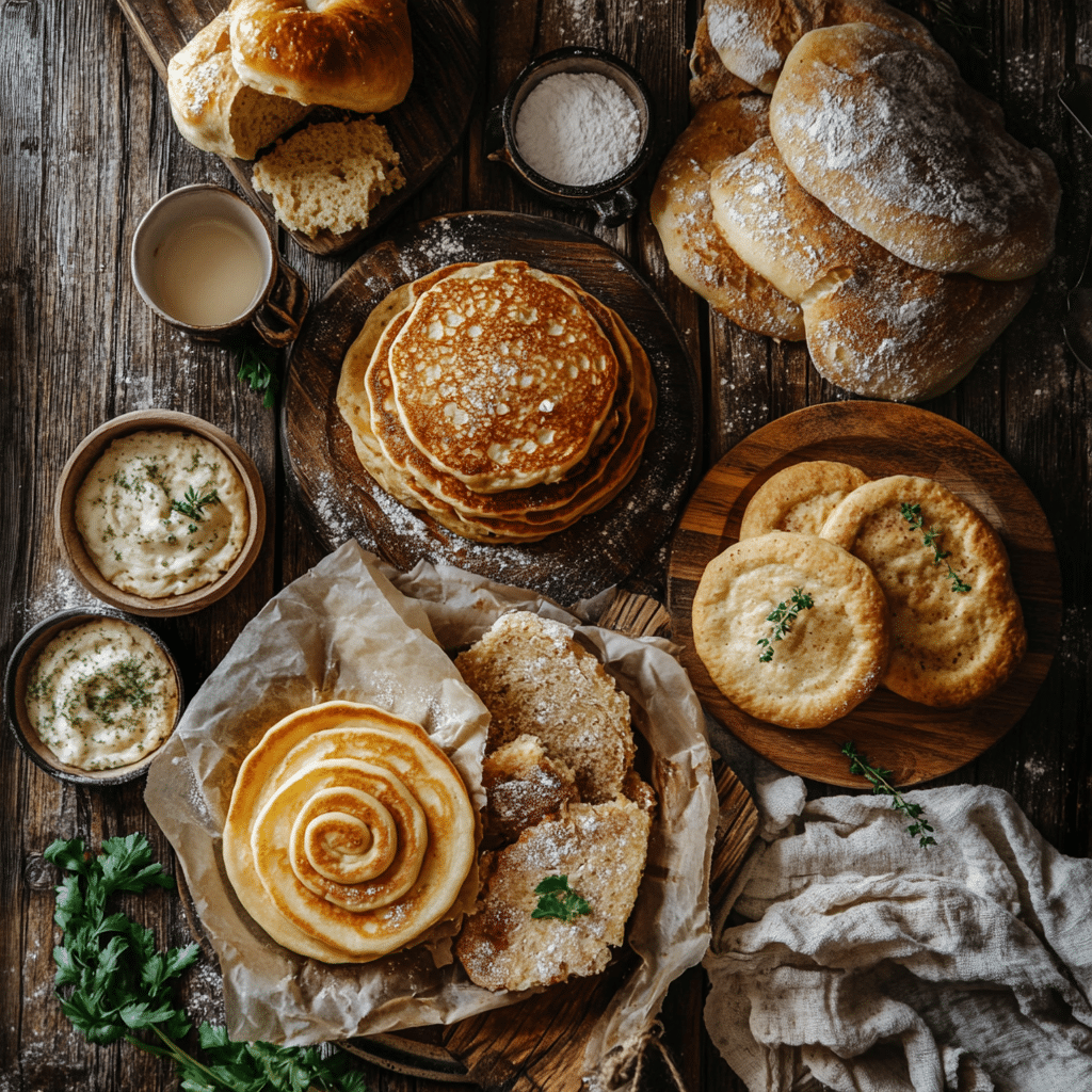 Amazing sourdough discard recipes including pancakes and flatbread on wooden table