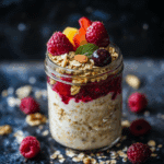 Overnight oats recipe with berries and nuts in mason jar