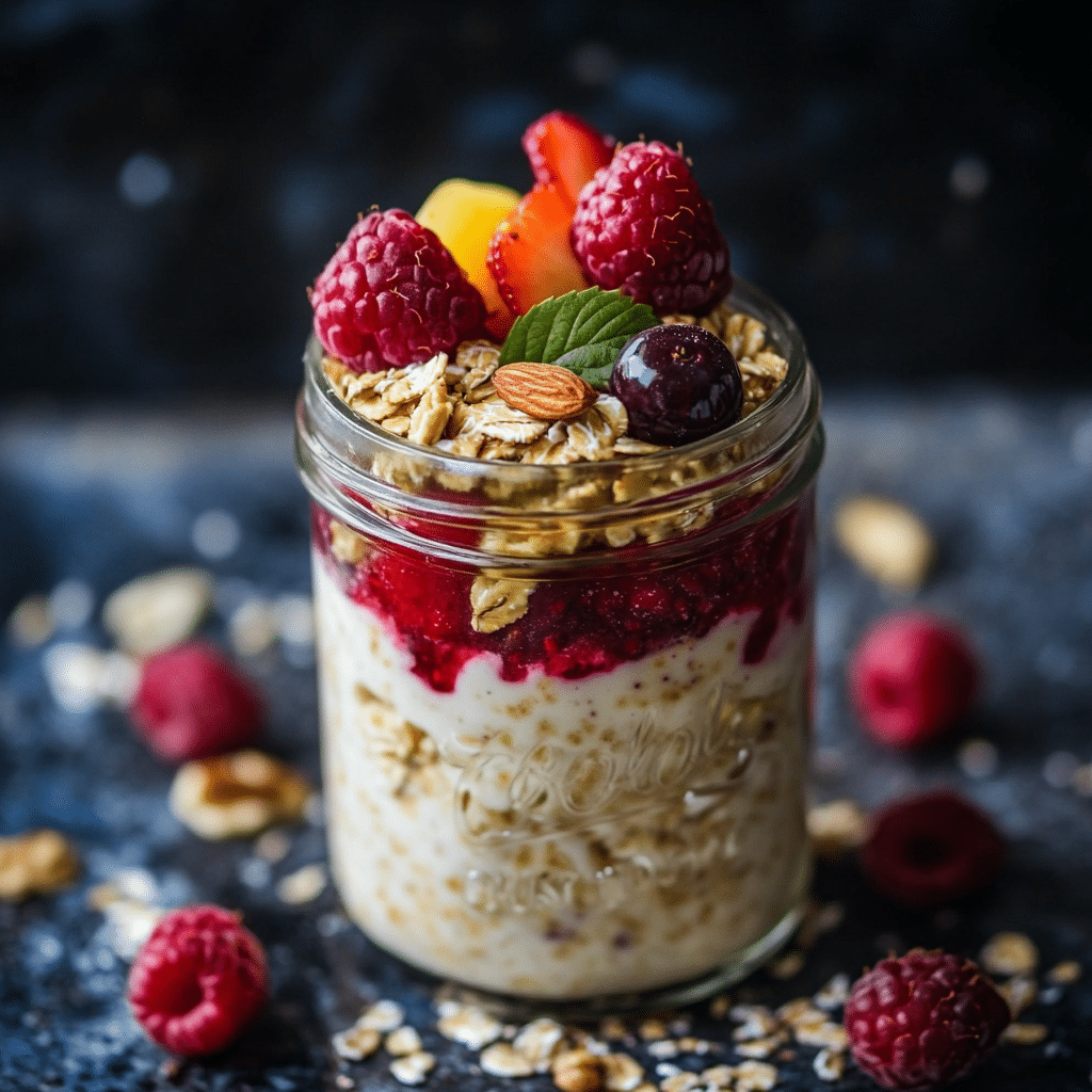 Overnight oats recipe with berries and nuts in mason jar