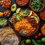 Spanish rice recipe served with complete Mexican dinner