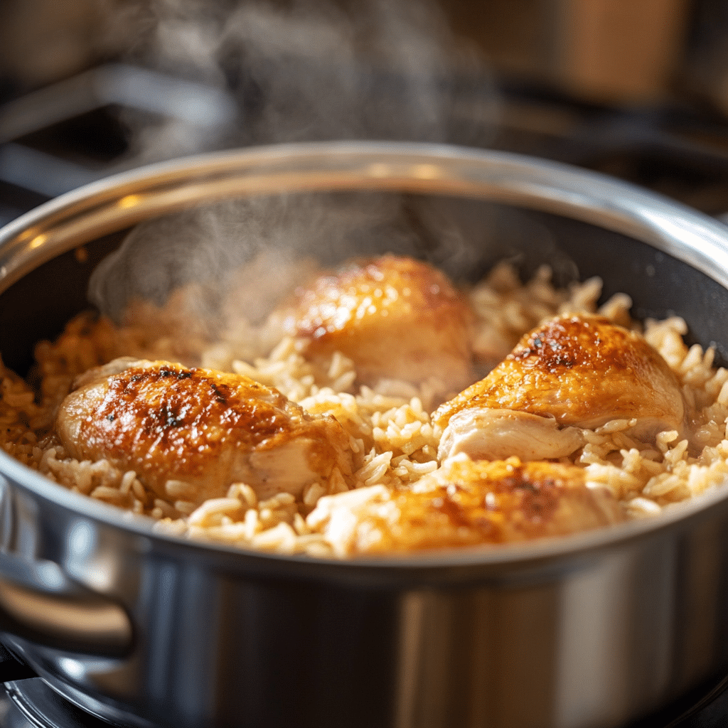 Chicken and rice recipe simmering in one pot