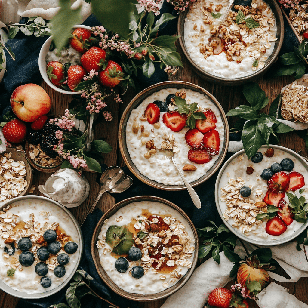 Elegant overnight oats breakfast presentation with variations