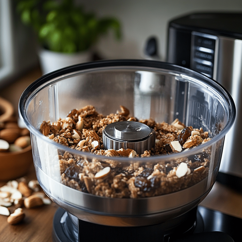 Food processor mixing dates and nuts for vegan snacks
