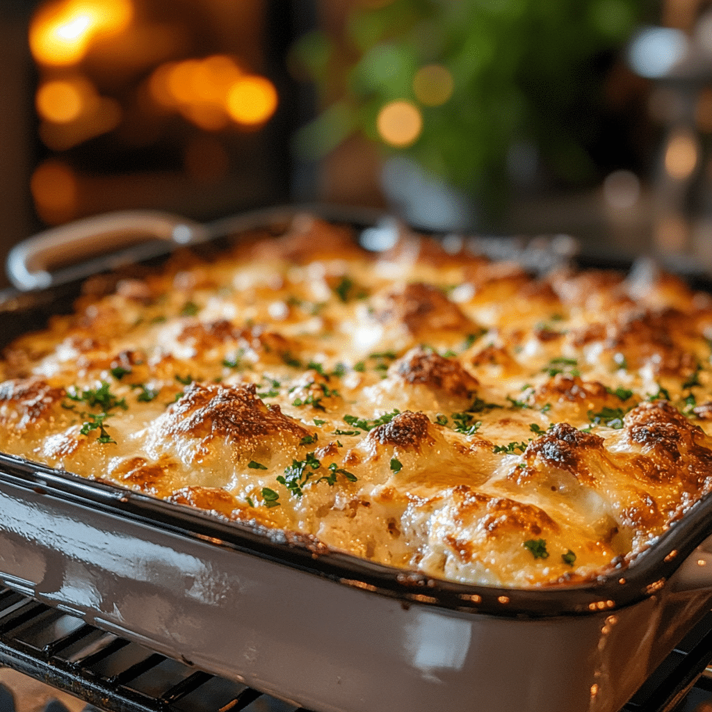 Finished casserole recipe golden and bubbling from oven