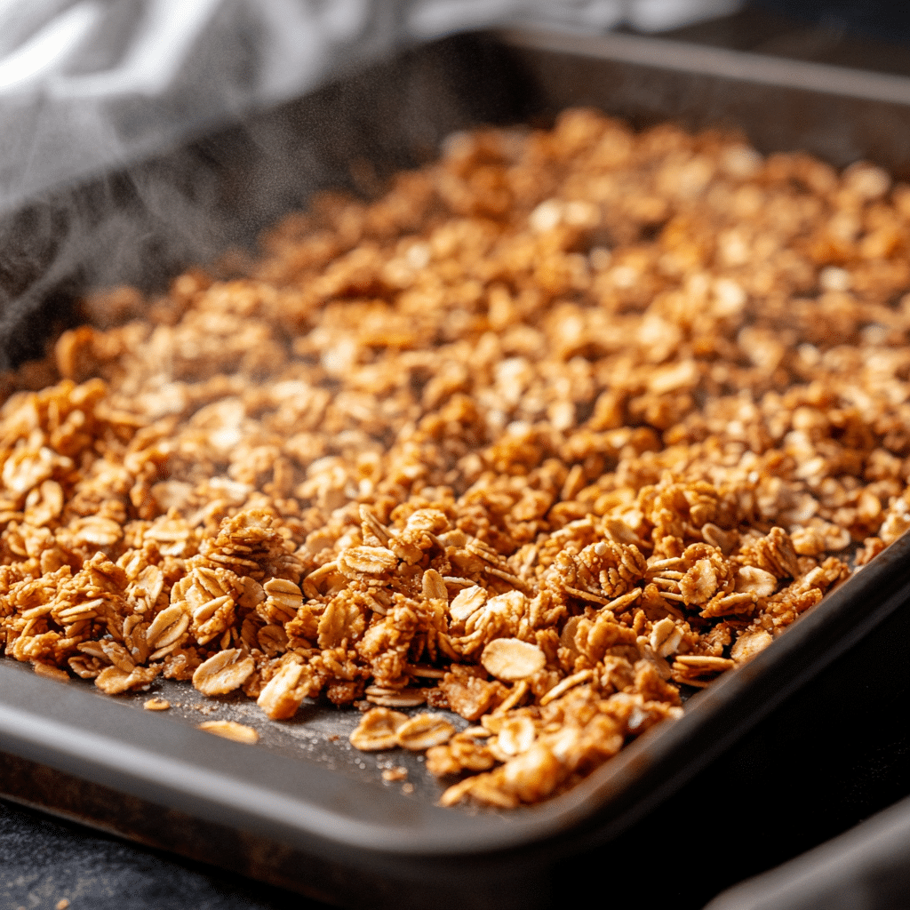Freshly baked granola with golden clusters