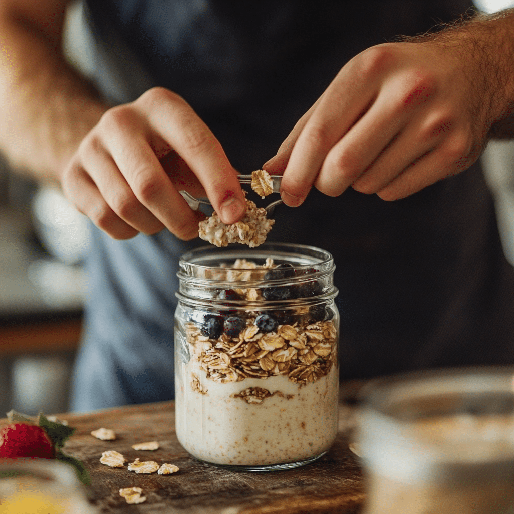Layering overnight oats ingredients in glass jar