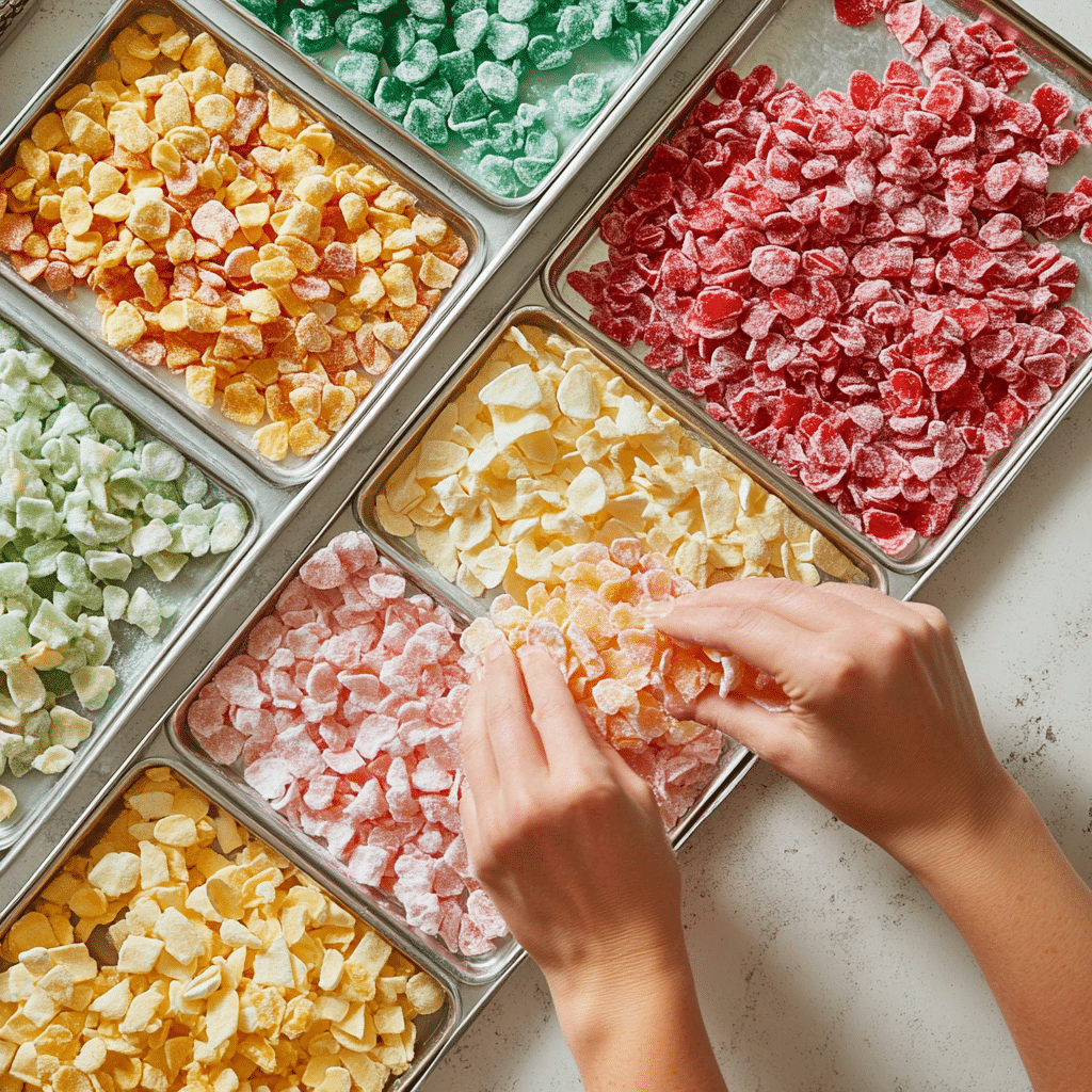 Removing finished freeze dried candy from trays